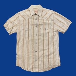 Brown and tan vertically striped short sleeved button down. Pearl Buttons too!